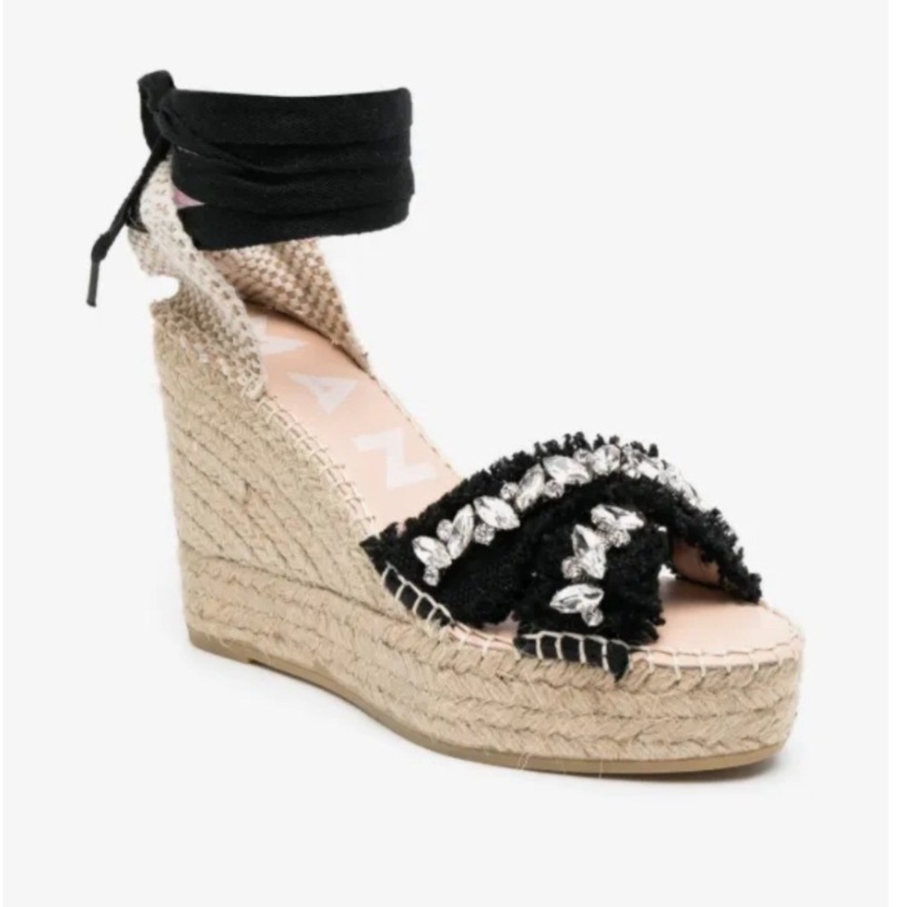 NEW Manebi Crystal Embellished Wedge Jute Espadrilles Black 7